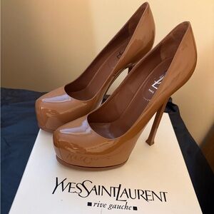 Yves Saint Laurent Glossy Camel Patent Platform Pumps